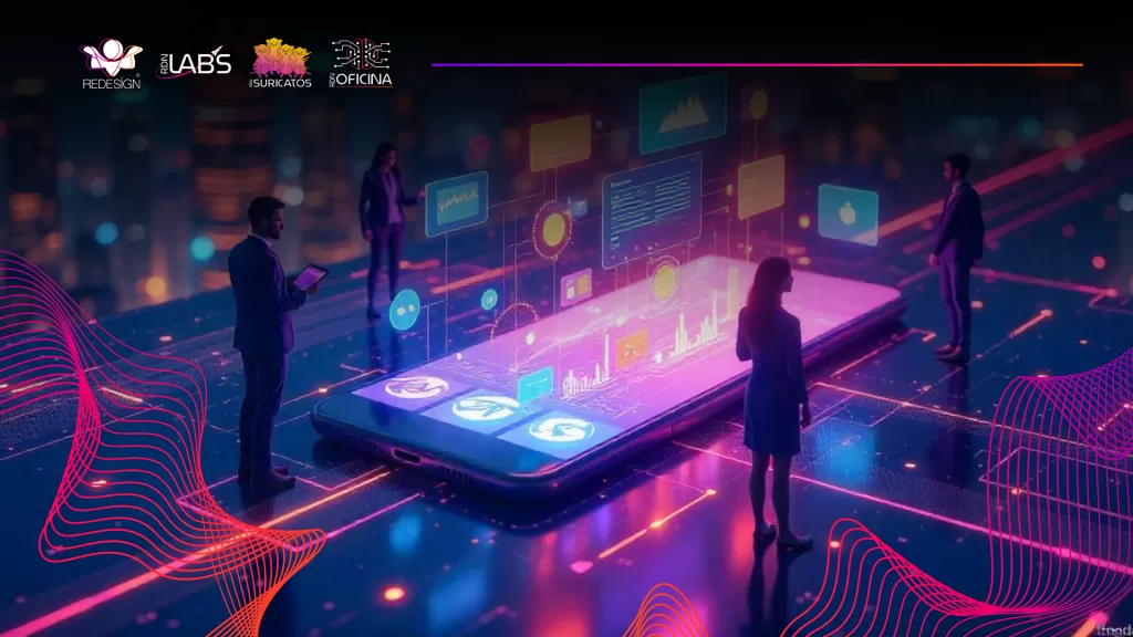 Pessoas em torno de um celular representando a conexão com as tendências tecnológicas