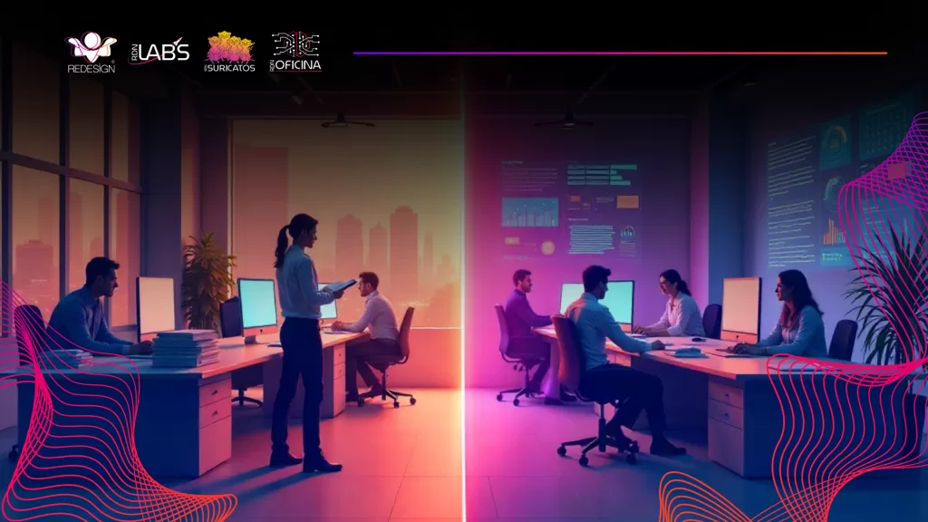 Ilustração vertical dividida ao meio mostrando a transformação digital: à esquerda, um escritório tradicional com pilhas de papel, computadores antigos e pessoas sobrecarregadas; à direita, um ambiente moderno com tecnologia, dashboards digitais, equipe colaborativa e cores vibrantes em rosa, roxo e laranja.